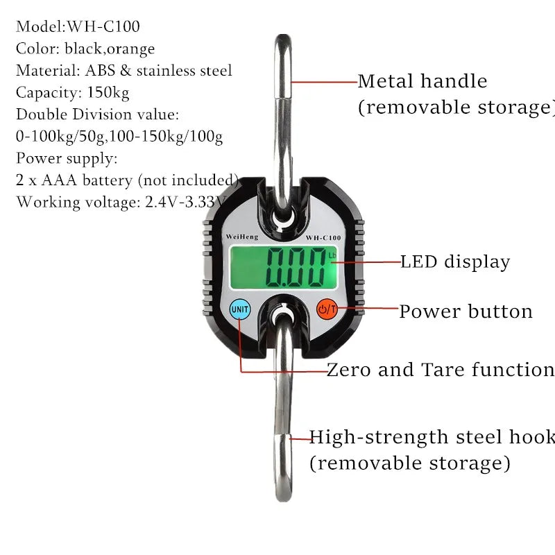 Balança digital de guindaste para pesagem 300 kg 150 kg/50 g 200 kg/100 g 500 kg/100 g balança de gancho suspensa para serviço pesado portátil digital de aço inoxidável
