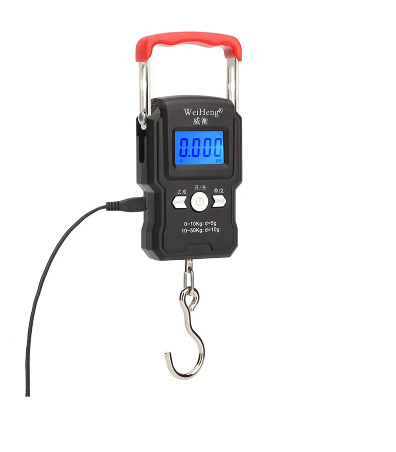 Balança portátil de gancho suspenso 50 kg/5 g com visor digital LCD, mini balança eletrônica portátil para pesagem de bagagem de viagem e pesca