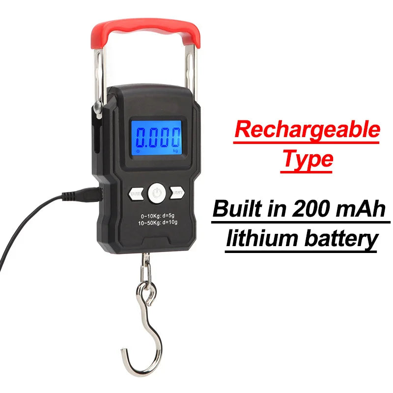Balança portátil de gancho suspenso 50 kg/5 g com visor digital LCD, mini balança eletrônica portátil para pesagem de bagagem de viagem e pesca