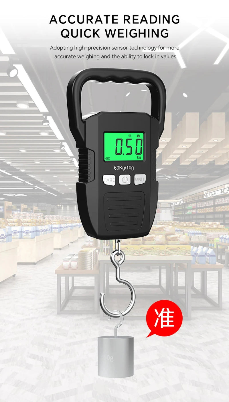 Balança digital LCD de 60 kg/10 g, balança eletrônica para bagagem, bateria/carregamento USB, ferramentas portáteis de pesagem