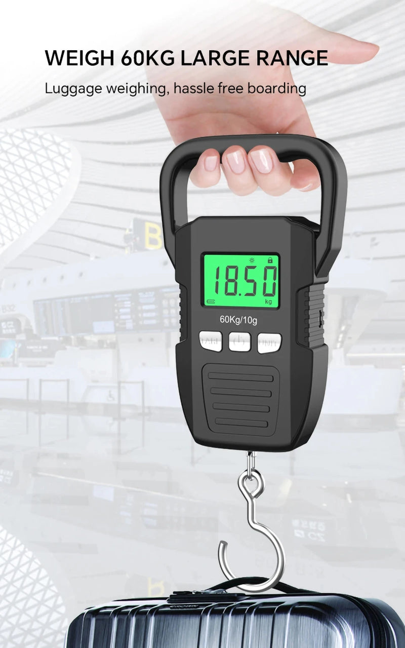 Balança digital LCD de 60 kg/10 g, balança eletrônica para bagagem, bateria/carregamento USB, ferramentas portáteis de pesagem
