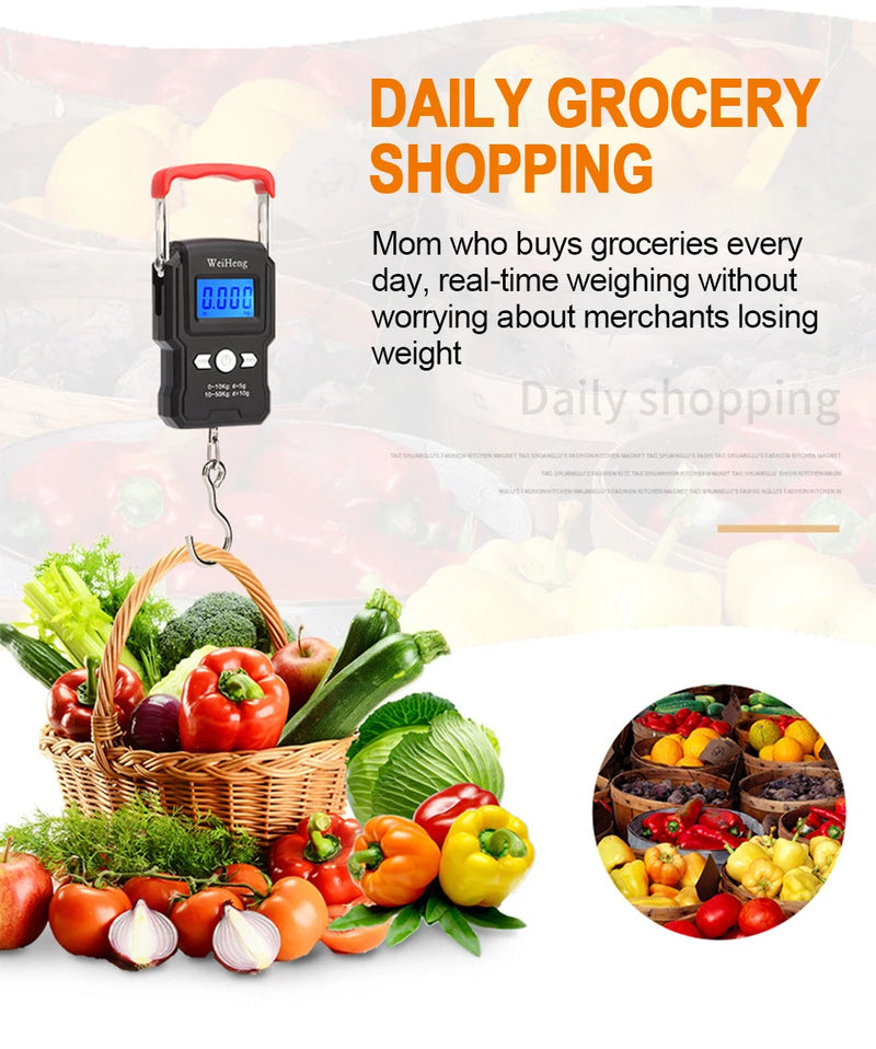 Balança portátil de gancho suspenso 50 kg/5 g com visor digital LCD, mini balança eletrônica portátil para pesagem de bagagem de viagem e pesca