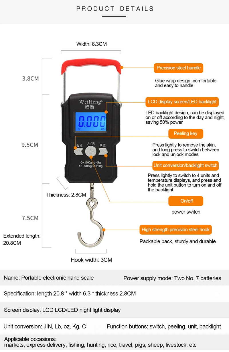 Balança portátil de gancho suspenso 50 kg/5 g com visor digital LCD, mini balança eletrônica portátil para pesagem de bagagem de viagem e pesca