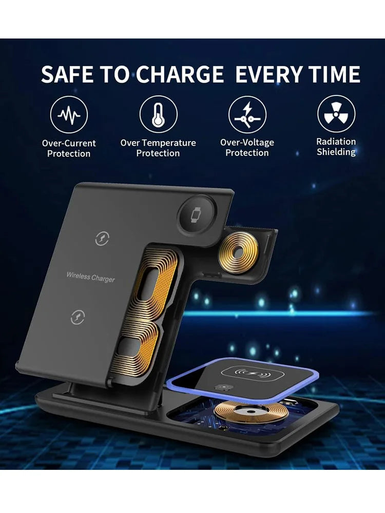 Carregador rápido sem fio LED 3 em 1 de 40 W, estação de carregamento dobrável para iPhone 15, 14, 13, 12, 11, Apple Watch 9, 8, 7, 6, 5 e AirPods Pro