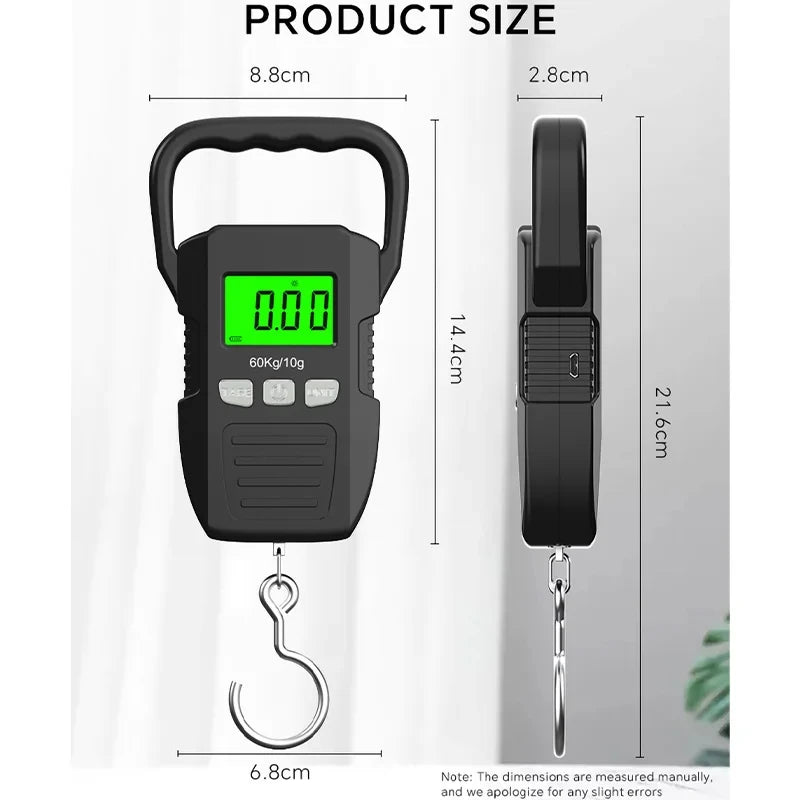 Balança digital LCD de 60 kg/10 g, balança eletrônica para bagagem, bateria/carregamento USB, ferramentas portáteis de pesagem