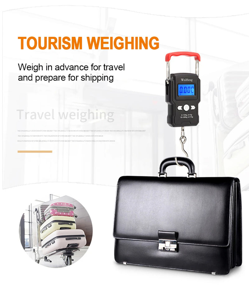 Balança portátil de gancho suspenso 50 kg/5 g com visor digital LCD, mini balança eletrônica portátil para pesagem de bagagem de viagem e pesca