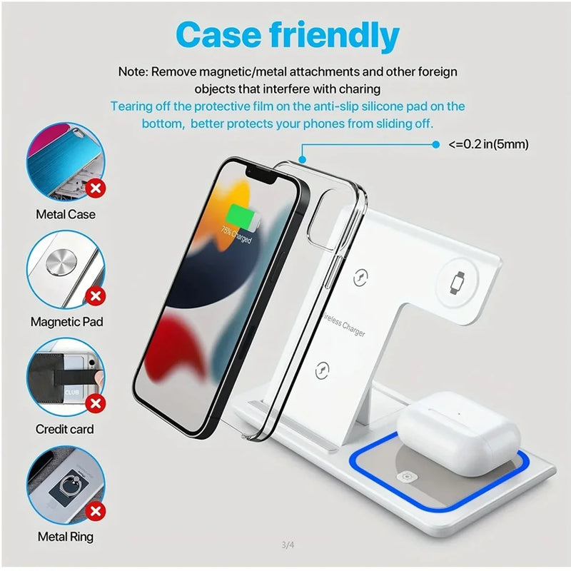 Carregador rápido sem fio LED 3 em 1 de 40 W, estação de carregamento dobrável para iPhone 15, 14, 13, 12, 11, Apple Watch 9, 8, 7, 6, 5 e AirPods Pro