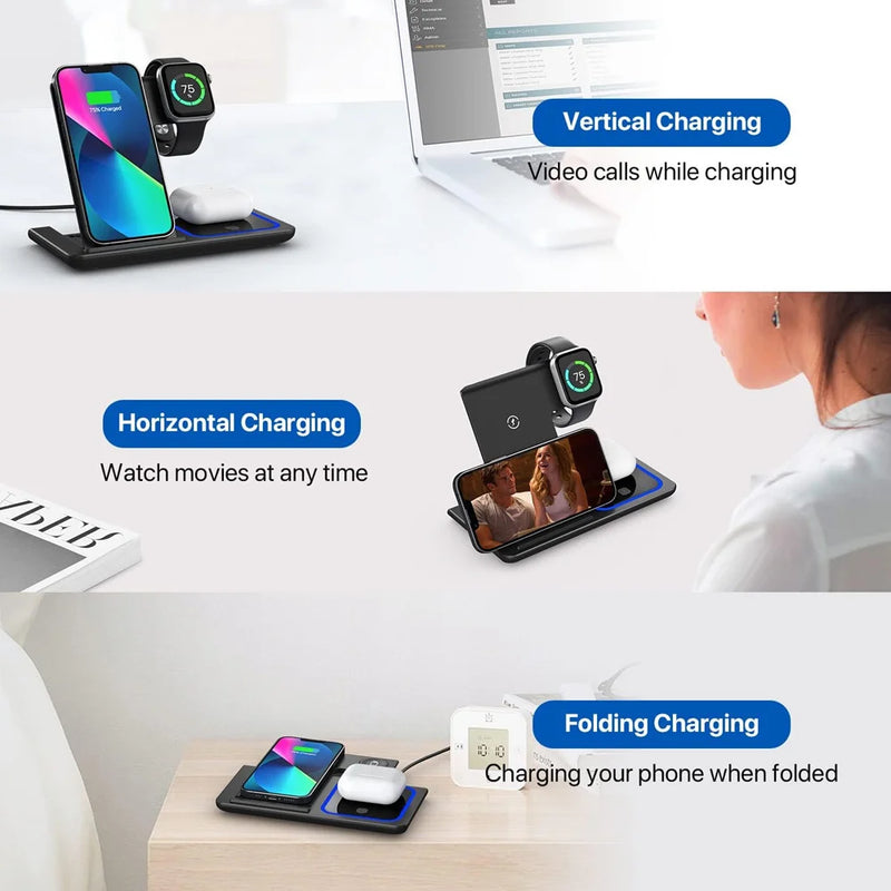 Carregador rápido sem fio LED 3 em 1 de 40 W, estação de carregamento dobrável para iPhone 15, 14, 13, 12, 11, Apple Watch 9, 8, 7, 6, 5 e AirPods Pro
