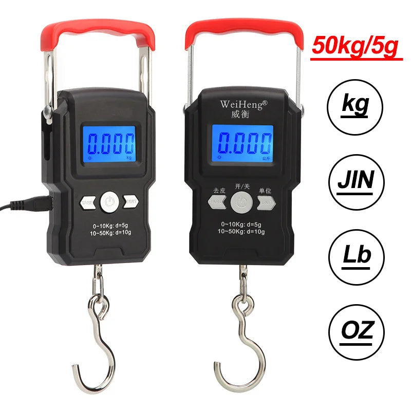 Balança portátil de gancho suspenso 50 kg/5 g com visor digital LCD, mini balança eletrônica portátil para pesagem de bagagem de viagem e pesca