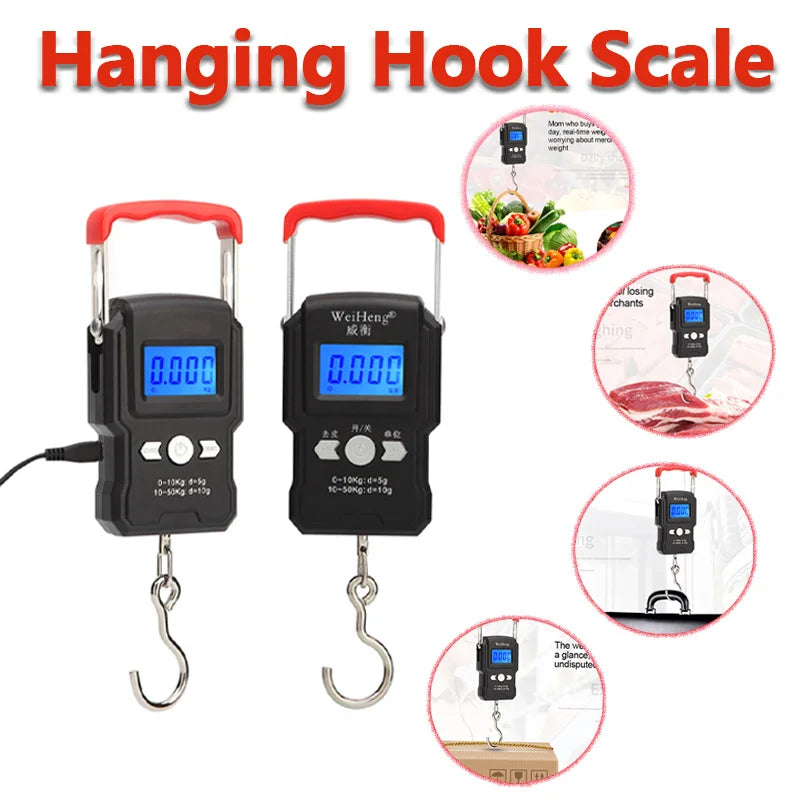 Balança portátil de gancho suspenso 50 kg/5 g com visor digital LCD, mini balança eletrônica portátil para pesagem de bagagem de viagem e pesca