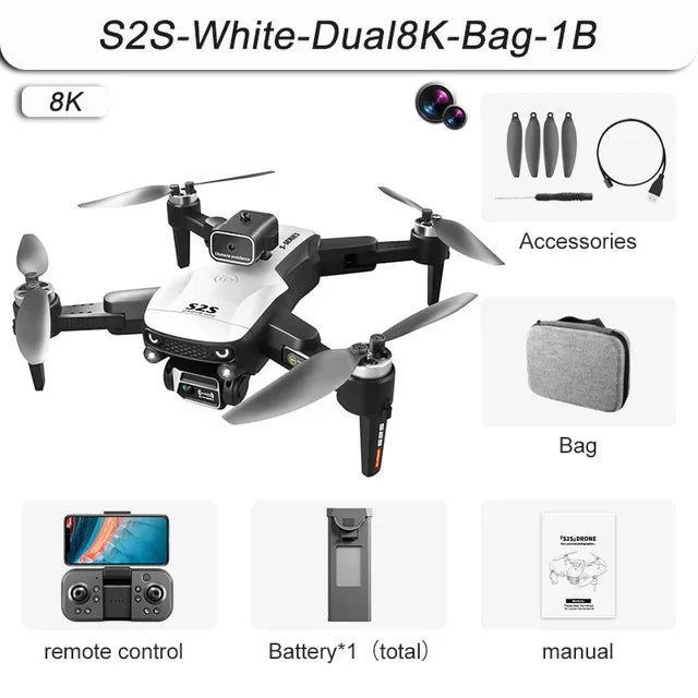 Mini drone S2S 4k 8K HD câmera de prevenção de obstáculos fotografia aérea motor sem escova dobrável rc quadricóptero brinquedo infantil