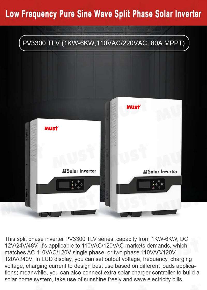 Inversor de fase dividida MUST PV3300 TLV 110V/220V 3kw 5kw 6kw Inversor de baixa frequência para sistema solar híbrido off-grid
