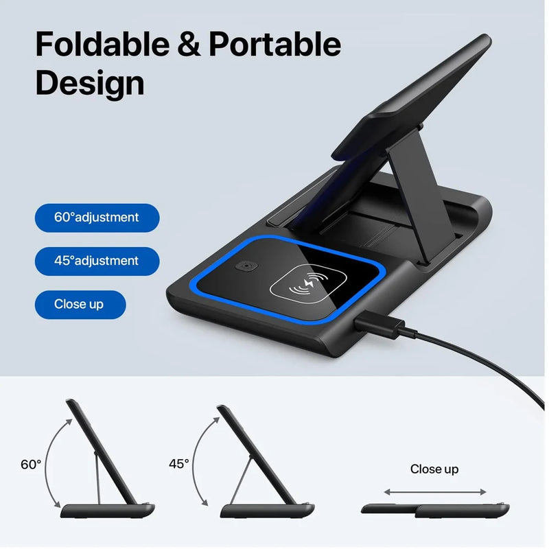 Carregador rápido sem fio LED 3 em 1 de 40 W, estação de carregamento dobrável para iPhone 15, 14, 13, 12, 11, Apple Watch 9, 8, 7, 6, 5 e AirPods Pro