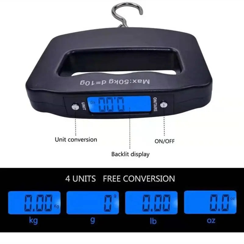 Balança portátil de 50 kg/110 lb com LCD digital para malas, mala de viagem com alça, bolsa para pesagem de peixes, balança suspensa com gancho