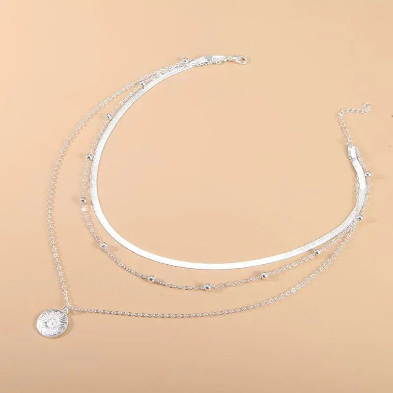 Colar redondo de três camadas de prata esterlina 925 para mulheres, pingente de corrente de cobra simples, corrente de bola, presente de festa, joias requintadas femininas