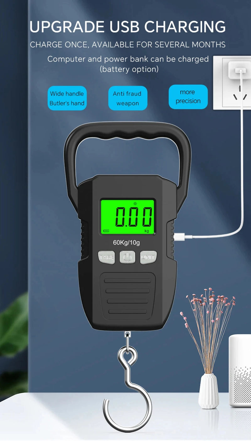 Balança digital LCD de 60 kg/10 g, balança eletrônica para bagagem, bateria/carregamento USB, ferramentas portáteis de pesagem