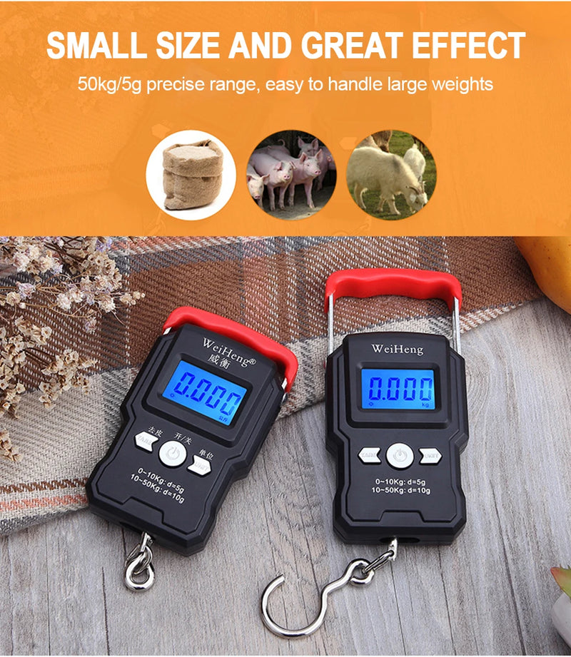 Balança portátil de gancho suspenso 50 kg/5 g com visor digital LCD, mini balança eletrônica portátil para pesagem de bagagem de viagem e pesca