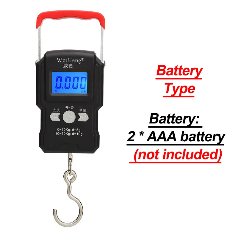 Balança portátil de gancho suspenso 50 kg/5 g com visor digital LCD, mini balança eletrônica portátil para pesagem de bagagem de viagem e pesca