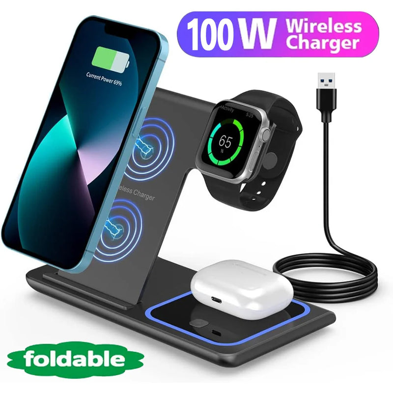 Carregador rápido sem fio LED 3 em 1 de 40 W, estação de carregamento dobrável para iPhone 15, 14, 13, 12, 11, Apple Watch 9, 8, 7, 6, 5 e AirPods Pro