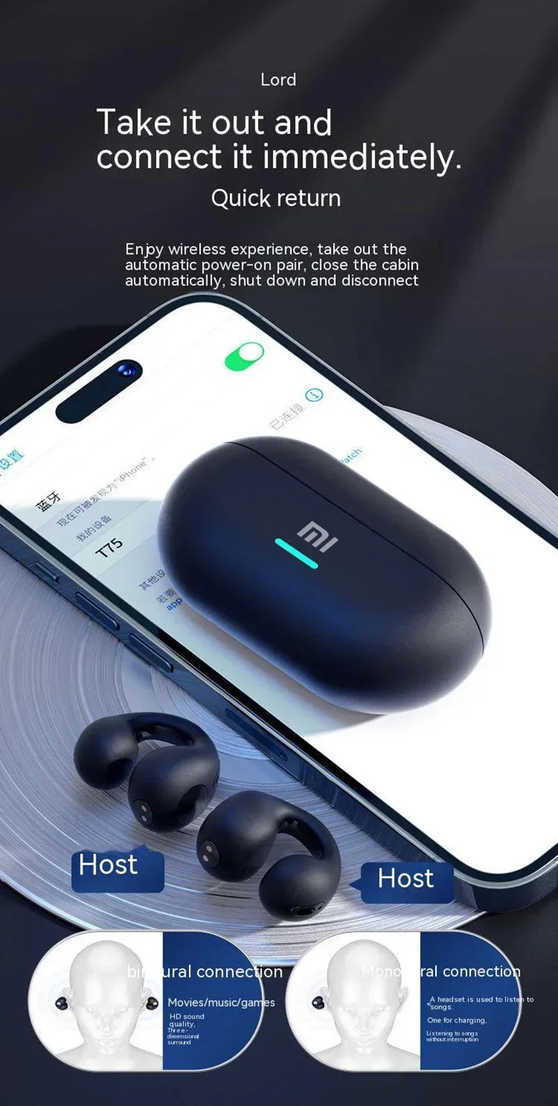 Fones de ouvido sem fio Xiaomi Earclip Bluetooth 5.3 Fones de ouvido esportivos ao ar livre Fones de ouvido com controle de toque para iPhone Huawei Samsung