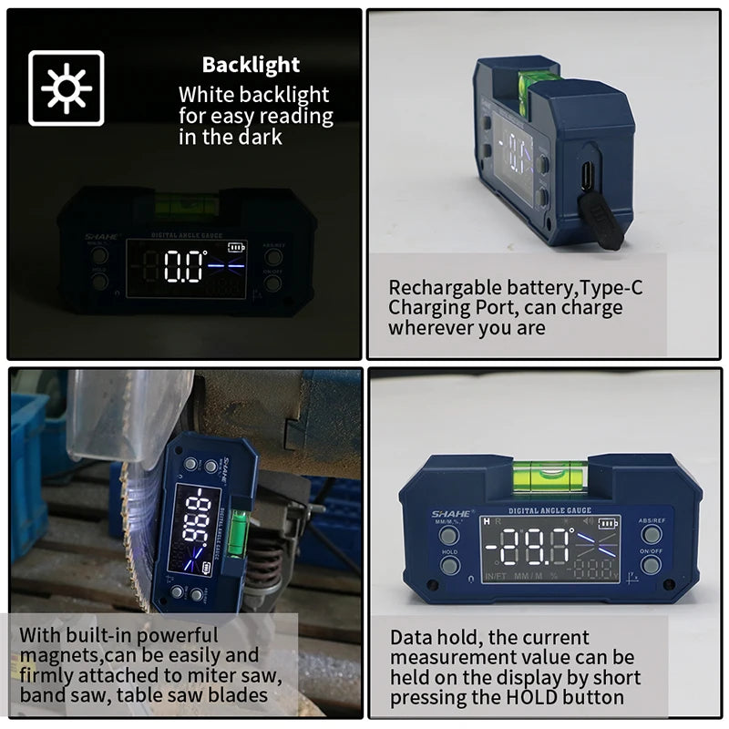 SHAHE Medidor de ângulo digital com nível de bolha, eixo duplo, medidor de ângulo digital recarregável, caixa de nível digital magnética, transferidor