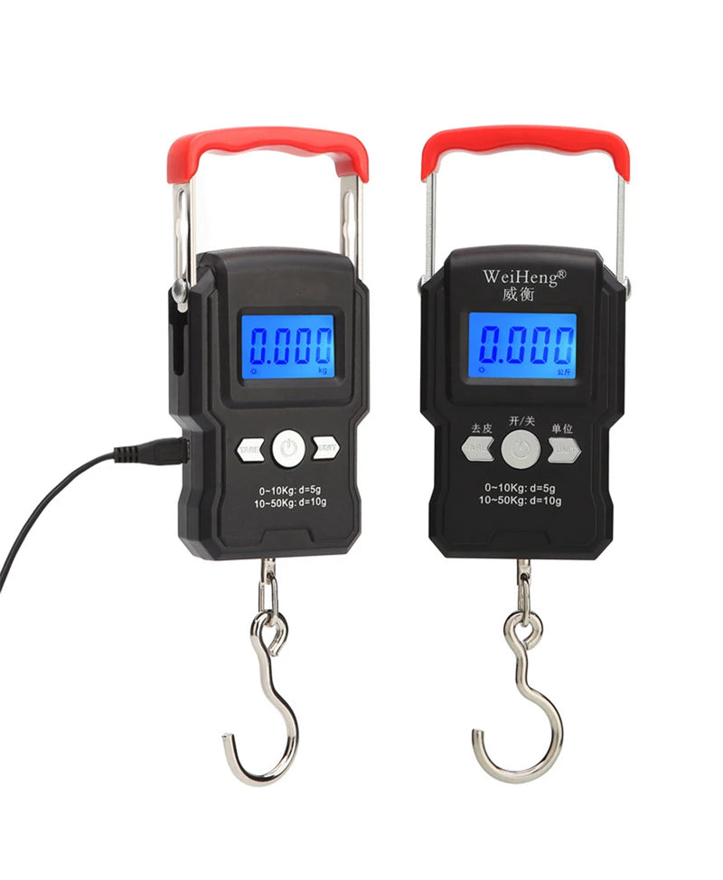 Balança portátil de gancho suspenso 50 kg/5 g com visor digital LCD, mini balança eletrônica portátil para pesagem de bagagem de viagem e pesca