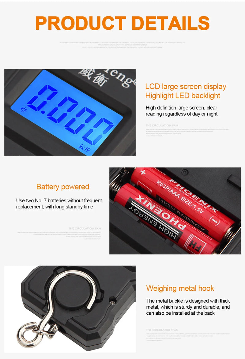 Balança portátil de gancho suspenso 50 kg/5 g com visor digital LCD, mini balança eletrônica portátil para pesagem de bagagem de viagem e pesca