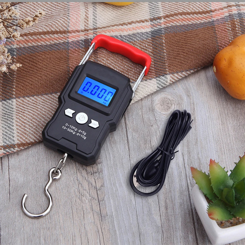 Balança portátil de gancho suspenso 50 kg/5 g com visor digital LCD, mini balança eletrônica portátil para pesagem de bagagem de viagem e pesca