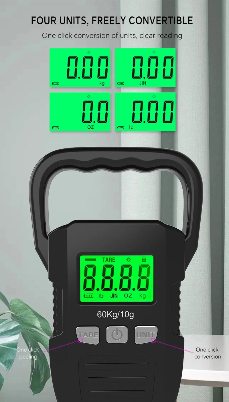 Balança digital LCD de 60 kg/10 g, balança eletrônica para bagagem, bateria/carregamento USB, ferramentas portáteis de pesagem