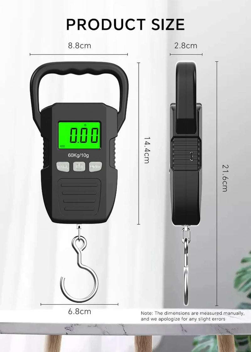 Balança digital LCD de 60 kg/10 g, balança eletrônica para bagagem, bateria/carregamento USB, ferramentas portáteis de pesagem