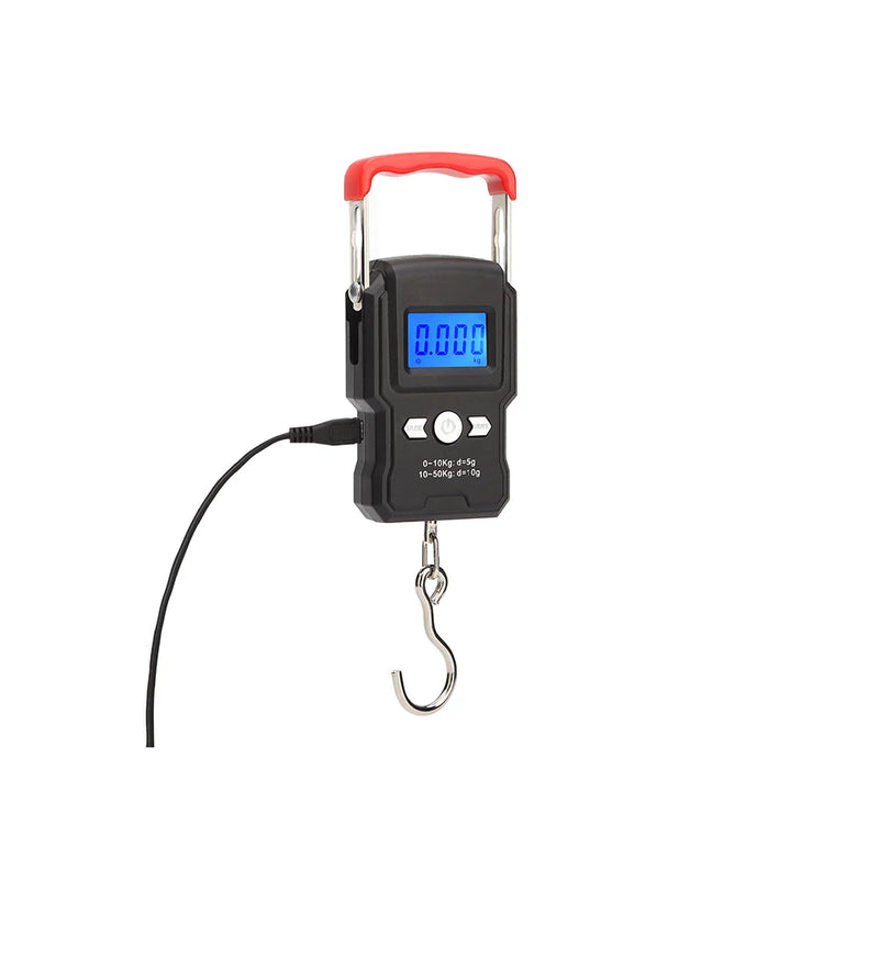 Balança portátil de gancho suspenso 50 kg/5 g com visor digital LCD, mini balança eletrônica portátil para pesagem de bagagem de viagem e pesca