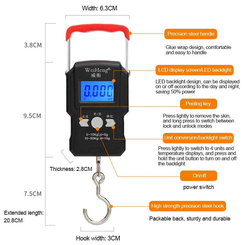 Balança portátil de gancho suspenso 50 kg/5 g com visor digital LCD, mini balança eletrônica portátil para pesagem de bagagem de viagem e pesca