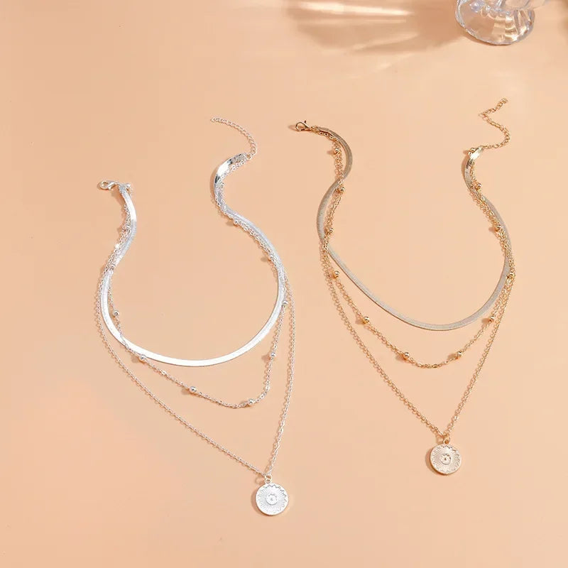 Colar redondo de três camadas de prata esterlina 925 para mulheres, pingente de corrente de cobra simples, corrente de bola, presente de festa, joias requintadas femininas
