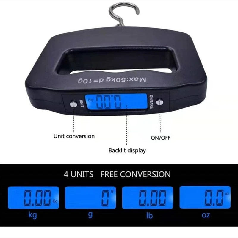 Balança portátil de 50 kg/110 lb com LCD digital para malas, mala de viagem com alça, bolsa para pesagem de peixes, balança suspensa com gancho