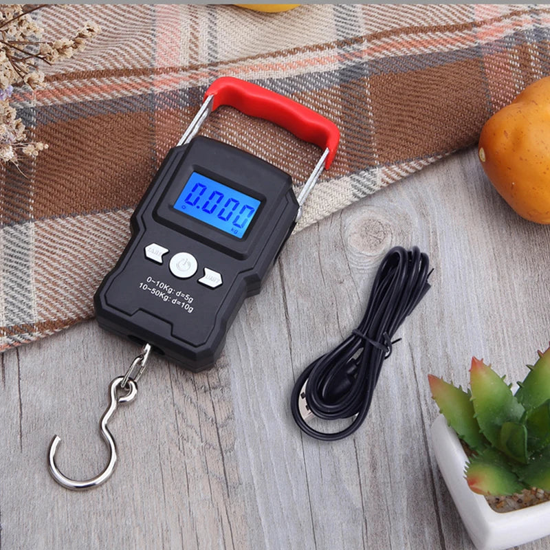 Balança portátil de gancho suspenso 50 kg/5 g com visor digital LCD, mini balança eletrônica portátil para pesagem de bagagem de viagem e pesca