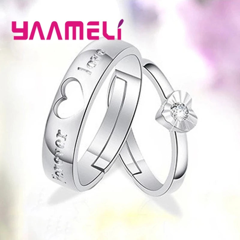 Um conjunto de casal Bague Lover Melhores presentes Prata Círculo Oco Coração Anel para Mulheres Homens Acessórios de casamento Anéis de cristal Jóias
