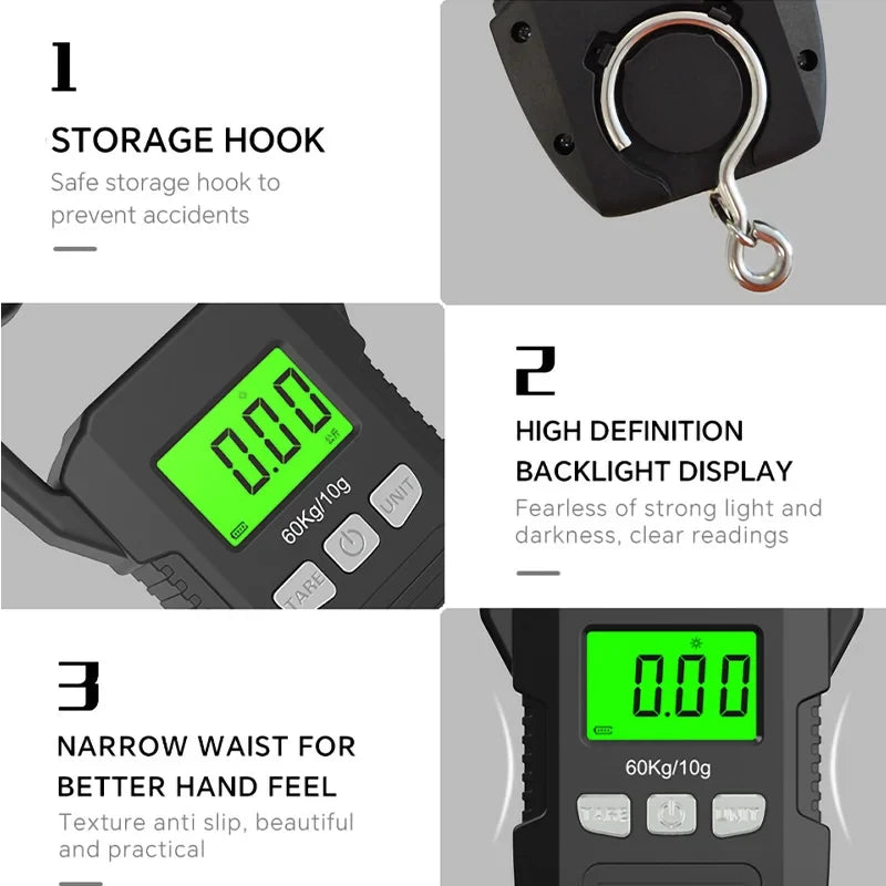 Balança digital LCD de 60 kg/10 g, balança eletrônica para bagagem, bateria/carregamento USB, ferramentas portáteis de pesagem